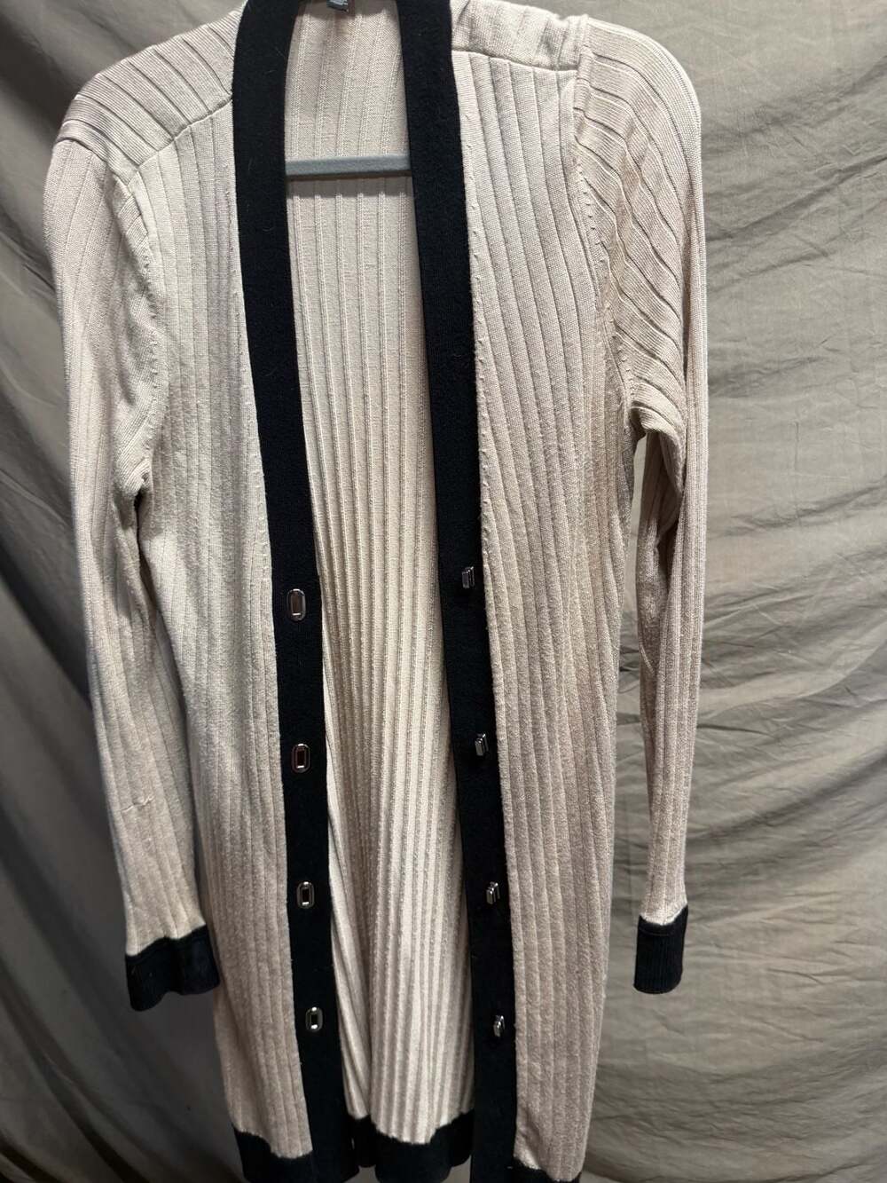 White House Black Market Ribbed Long Cardigan Sweater with Contrast Trim